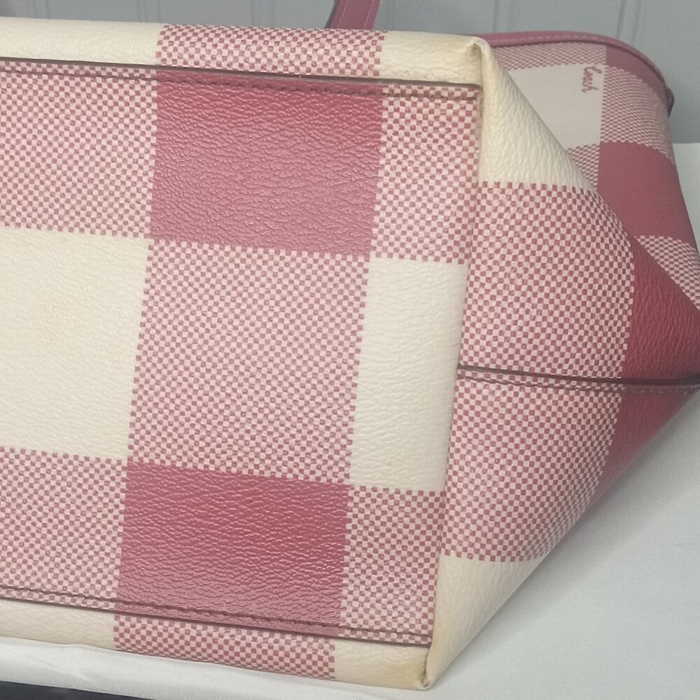 Coach City Red Buffalo Plaid Print PVC & Leather Zip Top Tote - Picture 11 of 15